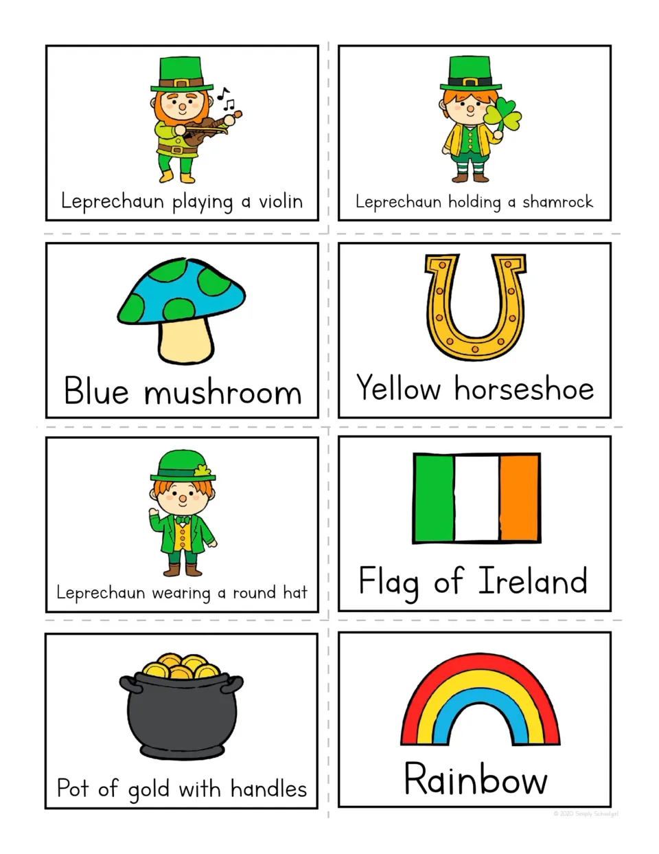 Bingo calling cards 9–16: three leprechauns, blue mushroom, yellow horseshoe, Irish flag, pot of gold, rainbow