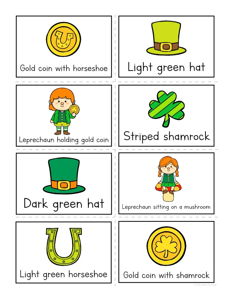 Bingo calling cards 17–24: two gold coins, two green hats, two leprechauns, striped shamrock, green horseshoe