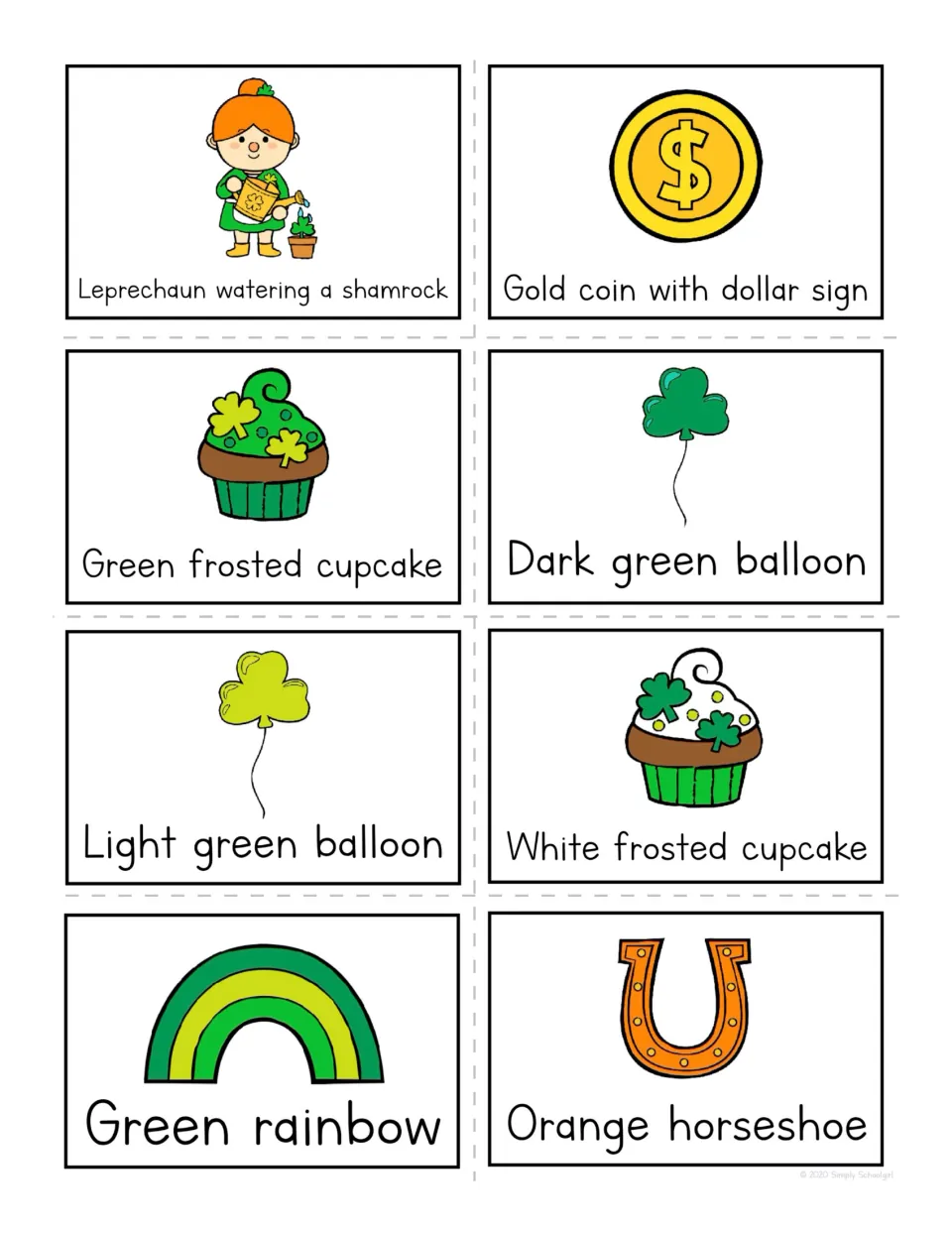 Bingo calling cards 25–32: watering leprechaun, dollar coin, two cupcakes, two balloons, rainbow, horseshoe