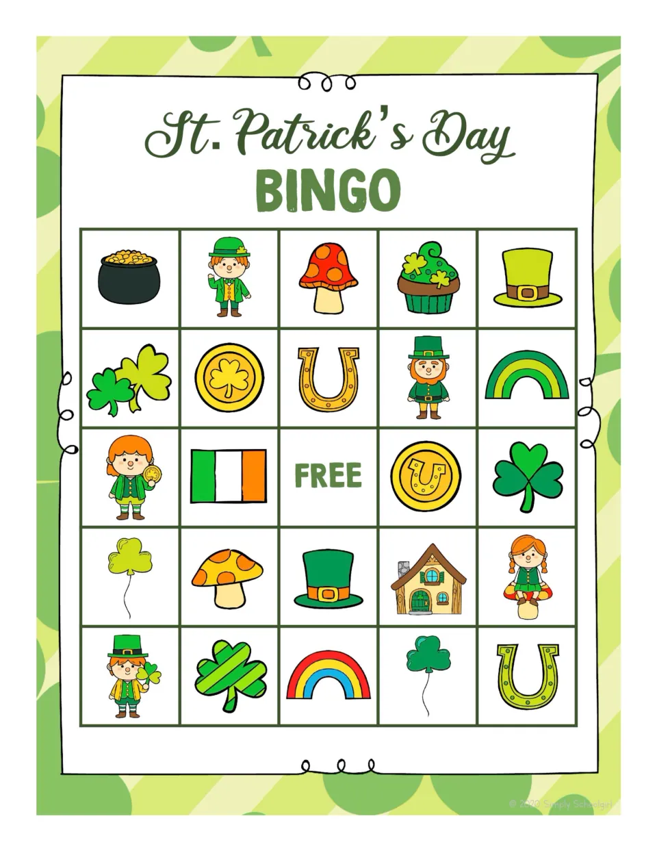 First student bingo board: 24 pictures and FREE, including a pot without handles, red mushroom, and green rainbow