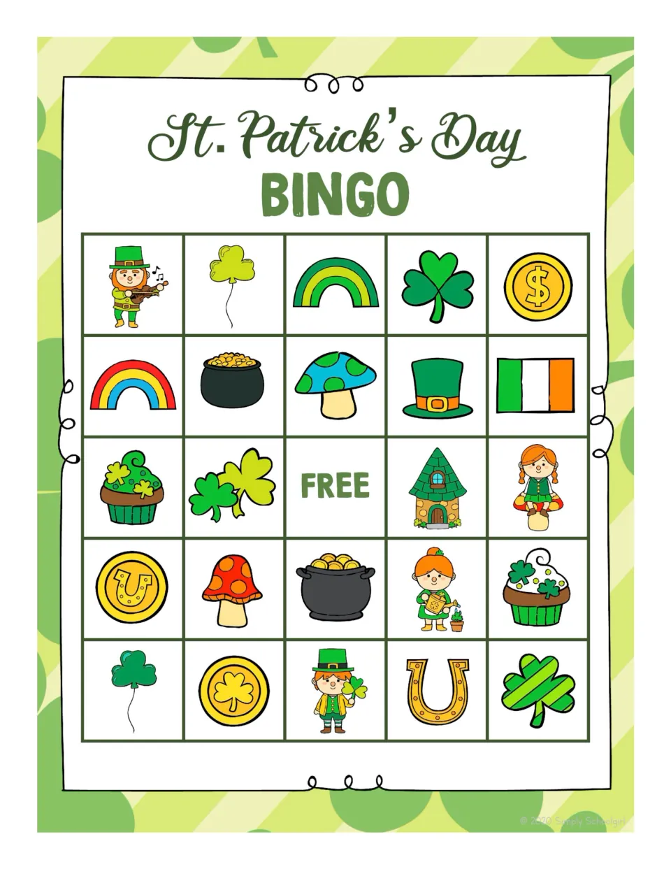 Second student bingo board: 24 pictures and FREE, including a violin-playing leprechaun and dollar coin