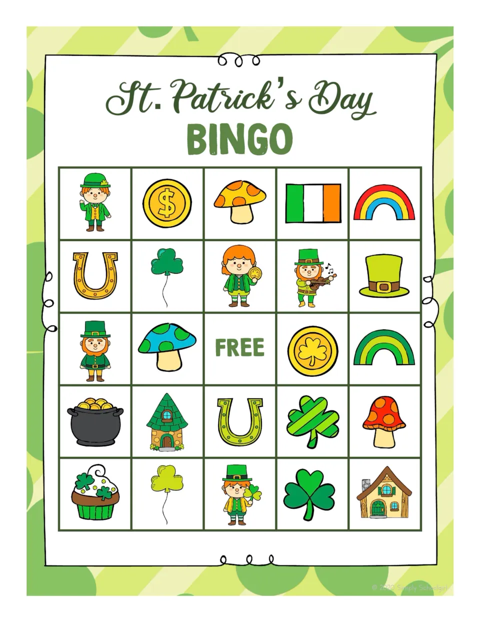 Third student bingo board: 24 pictures and FREE, including a round-hat leprechaun, yellow mushroom, and Irish flag