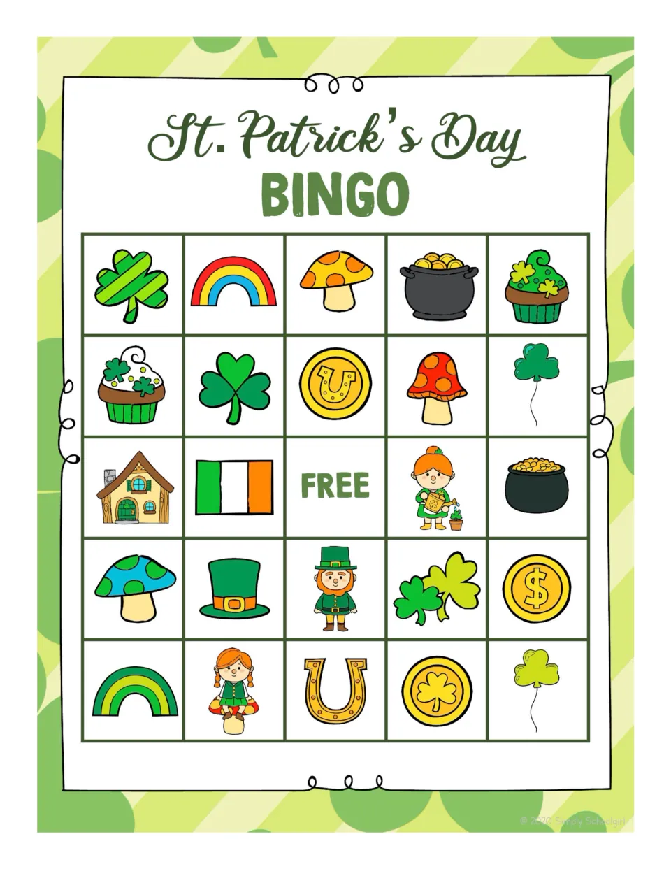 Fourth student bingo board: 24 pictures and FREE, including a striped shamrock, rainbow, and watering leprechaun