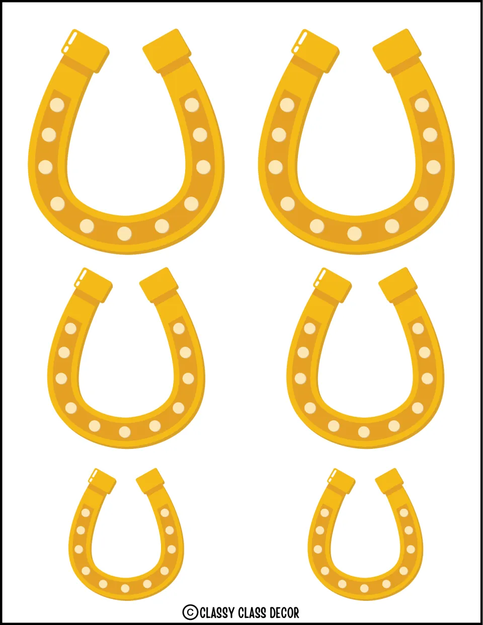 Six gold horseshoe decorations in three sizes for the St. Patrick's Day bulletin board or door display