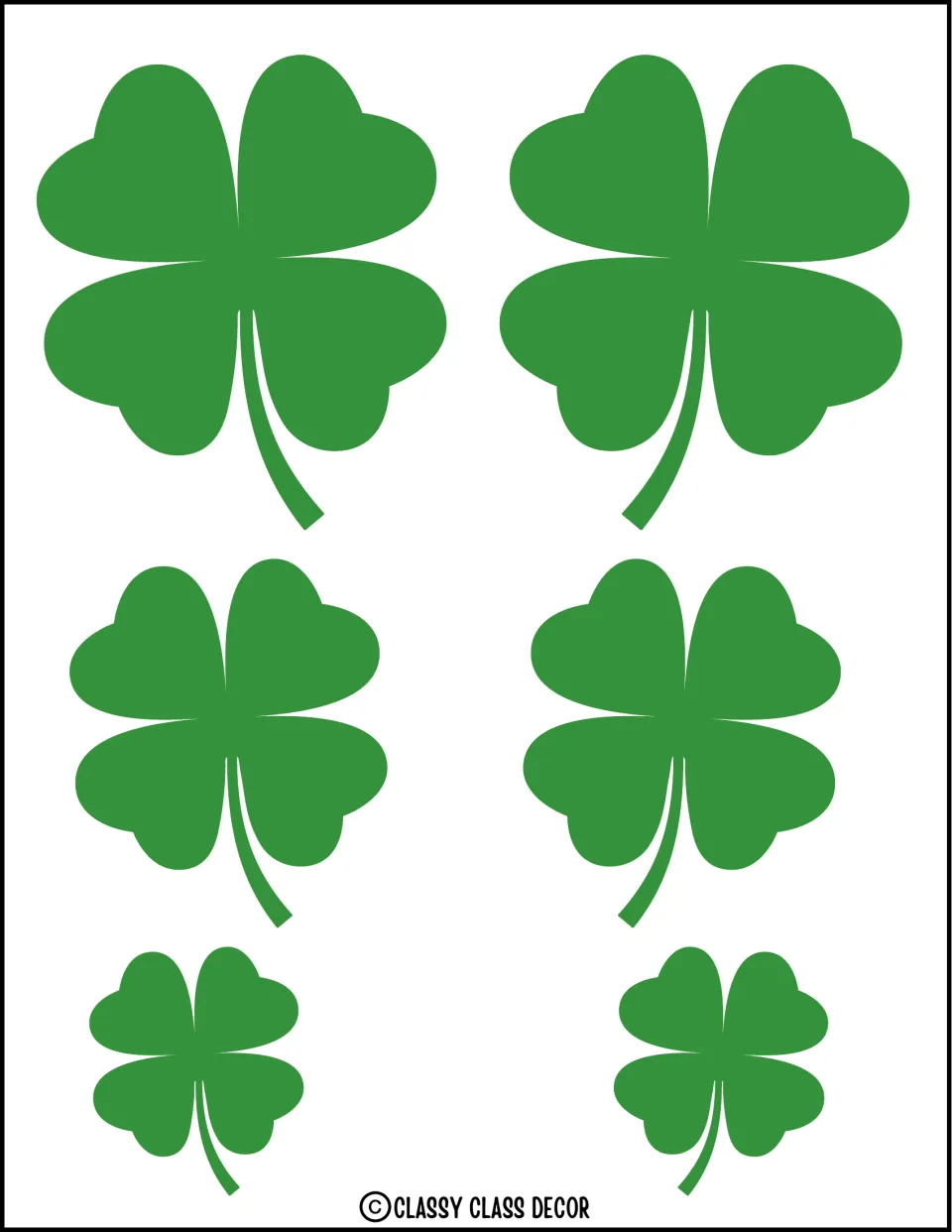 Six green four-leaf clover decorations in three sizes for the St. Patrick's Day bulletin board or door