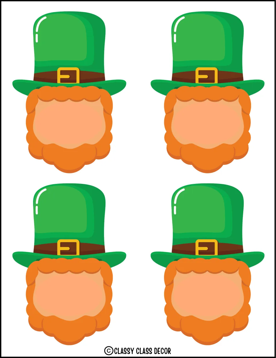 Four blank-faced leprechauns with green hats and orange beards for the St. Patrick's Day decor kit
