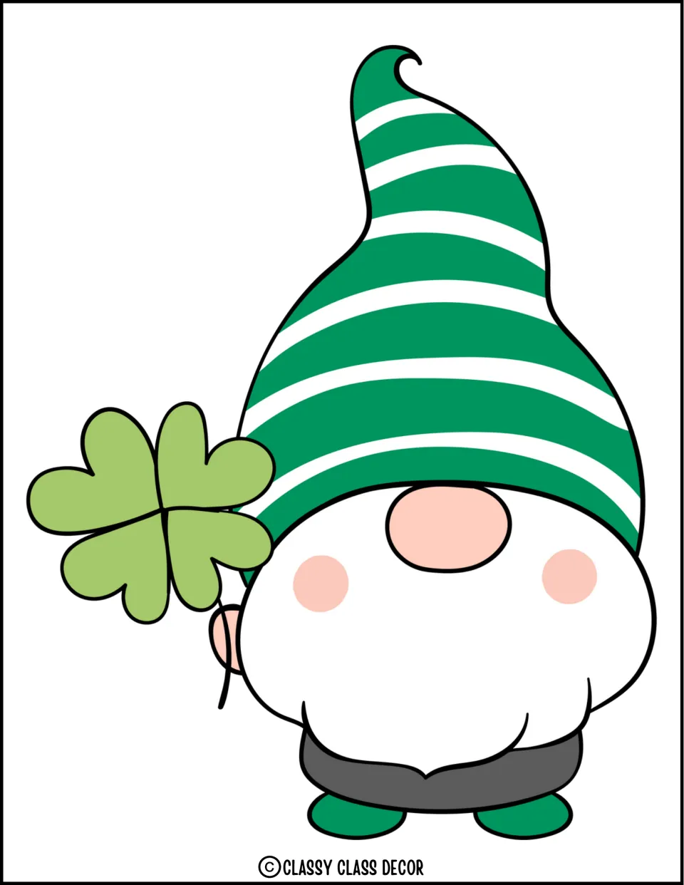 Full gnome decoration with a green striped hat, white beard, and four-leaf clover for the holiday display