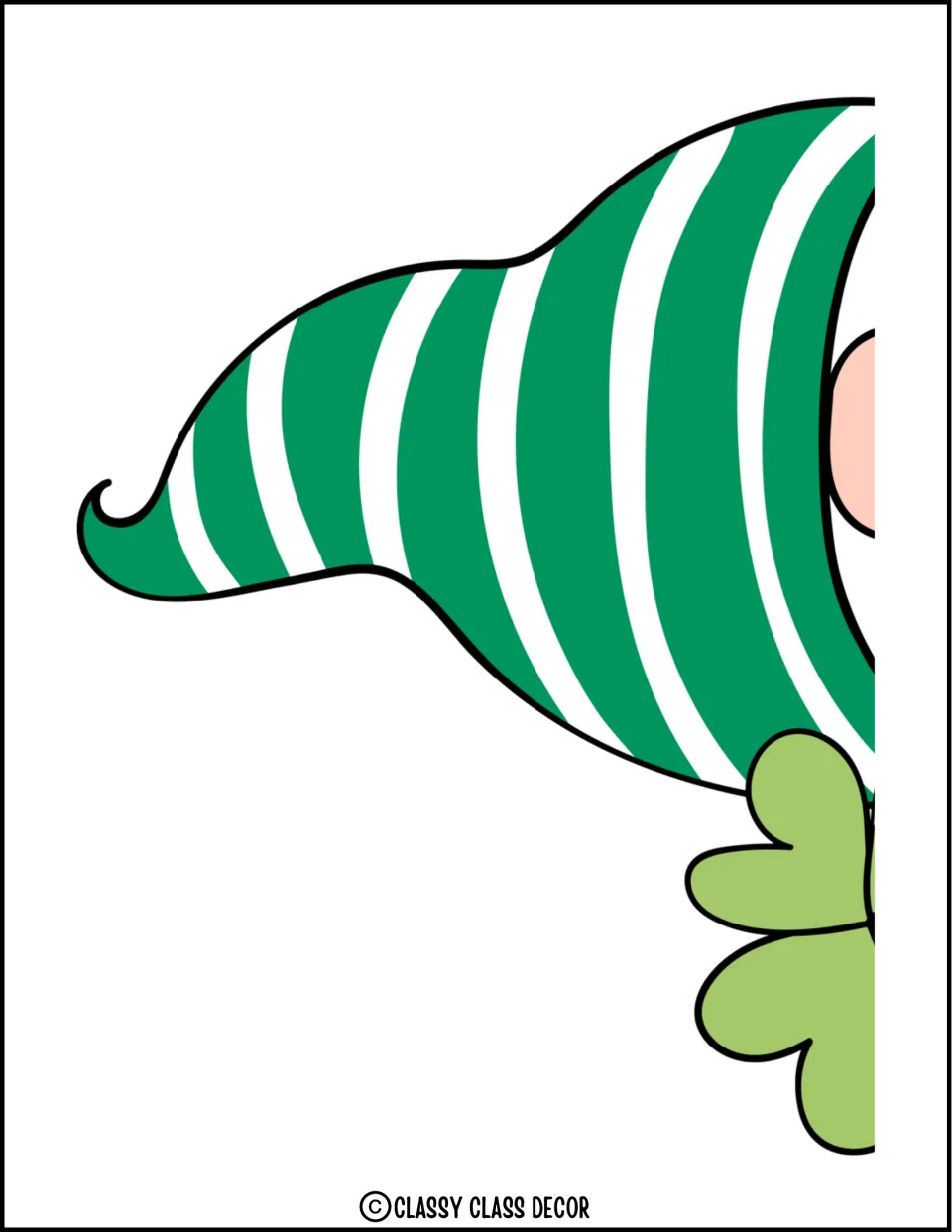 Enlarged gnome decoration section showing the green striped hat, part of the nose, and part of the clover