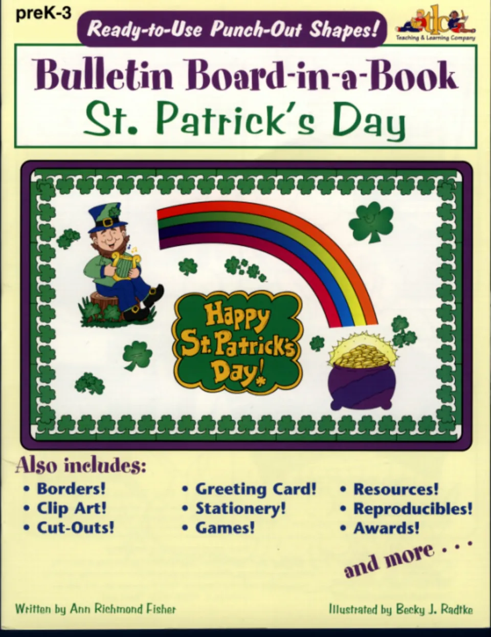Cover of Bulletin Board-in-a-Book, preK-3: leprechaun, rainbow and pot of gold display with borders, cards and games listed