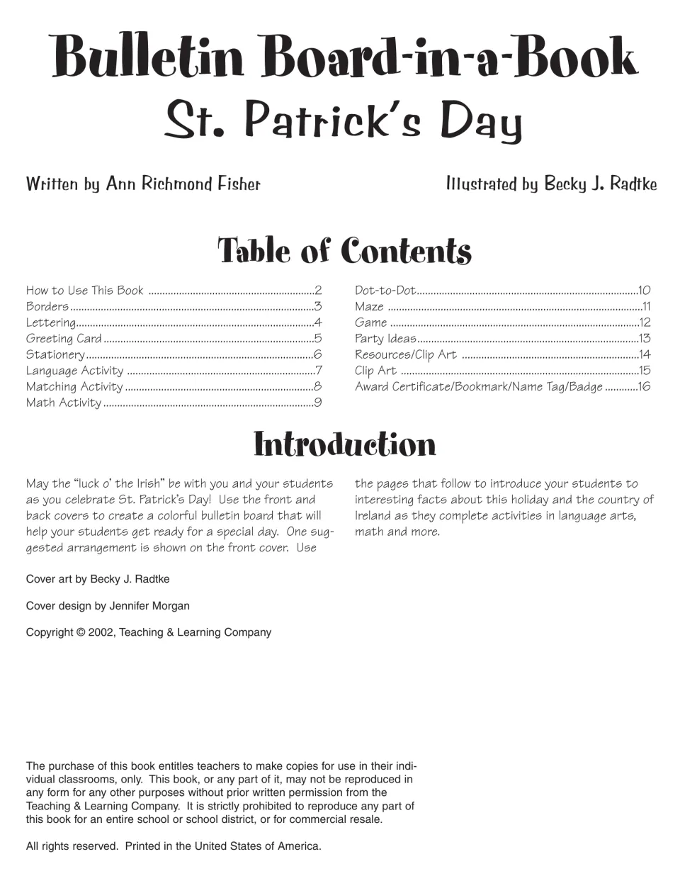 Title page listing contents from borders and lettering to math, maze, party ideas and awards, plus an introduction