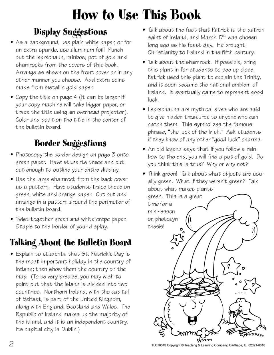 How to Use This Book: display and border tips plus talking points on Ireland, shamrocks, leprechauns and rainbows
