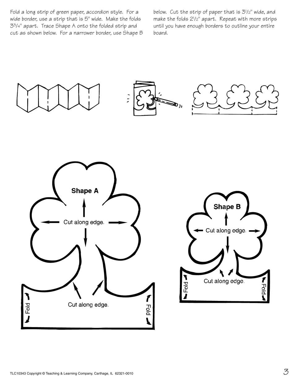 Shamrock border patterns: Shape A and Shape B templates to trace on accordion-folded green paper and cut into a chain