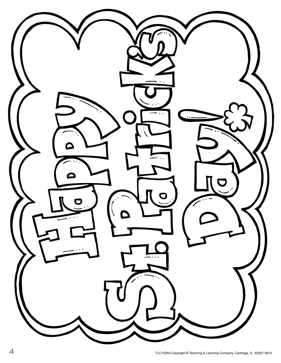 Happy St. Patrick's Day lettering in bubble letters inside a cloud outline, ready to color and use as the display title
