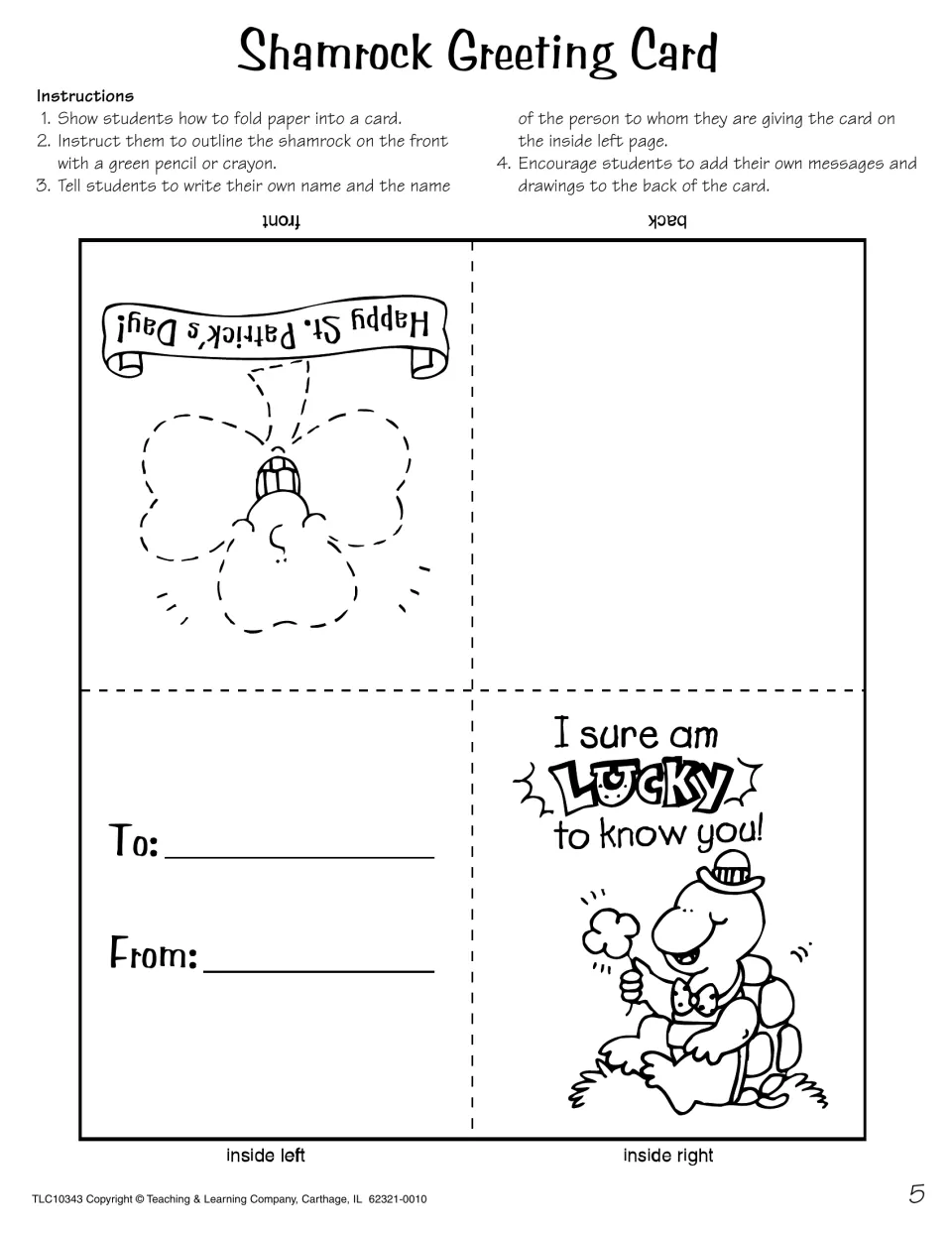 Shamrock Greeting Card: students fold the page, trace a dotted shamrock and fill in To and From on a lucky-to-know-you card