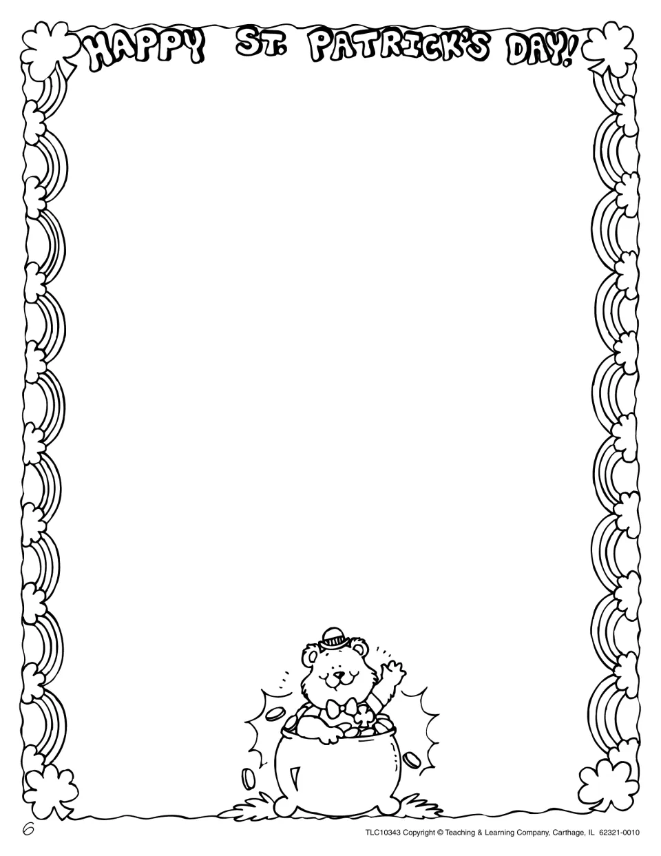 Holiday stationery: blank writing page with rainbows, shamrocks and a waving bear in a pot of gold coins