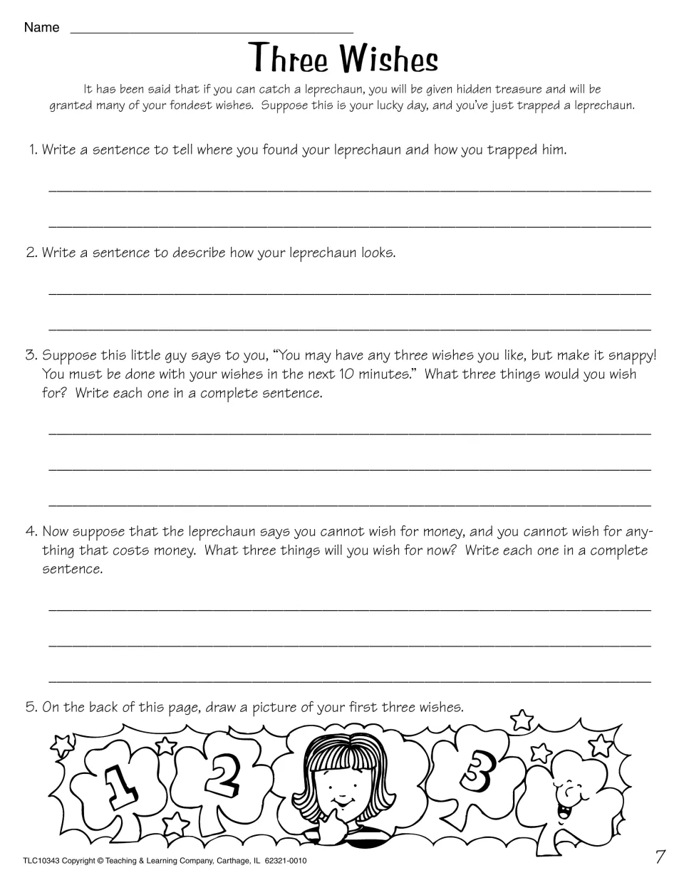 Three Wishes writing: students describe a trapped leprechaun and write wishes in complete sentences, then draw them
