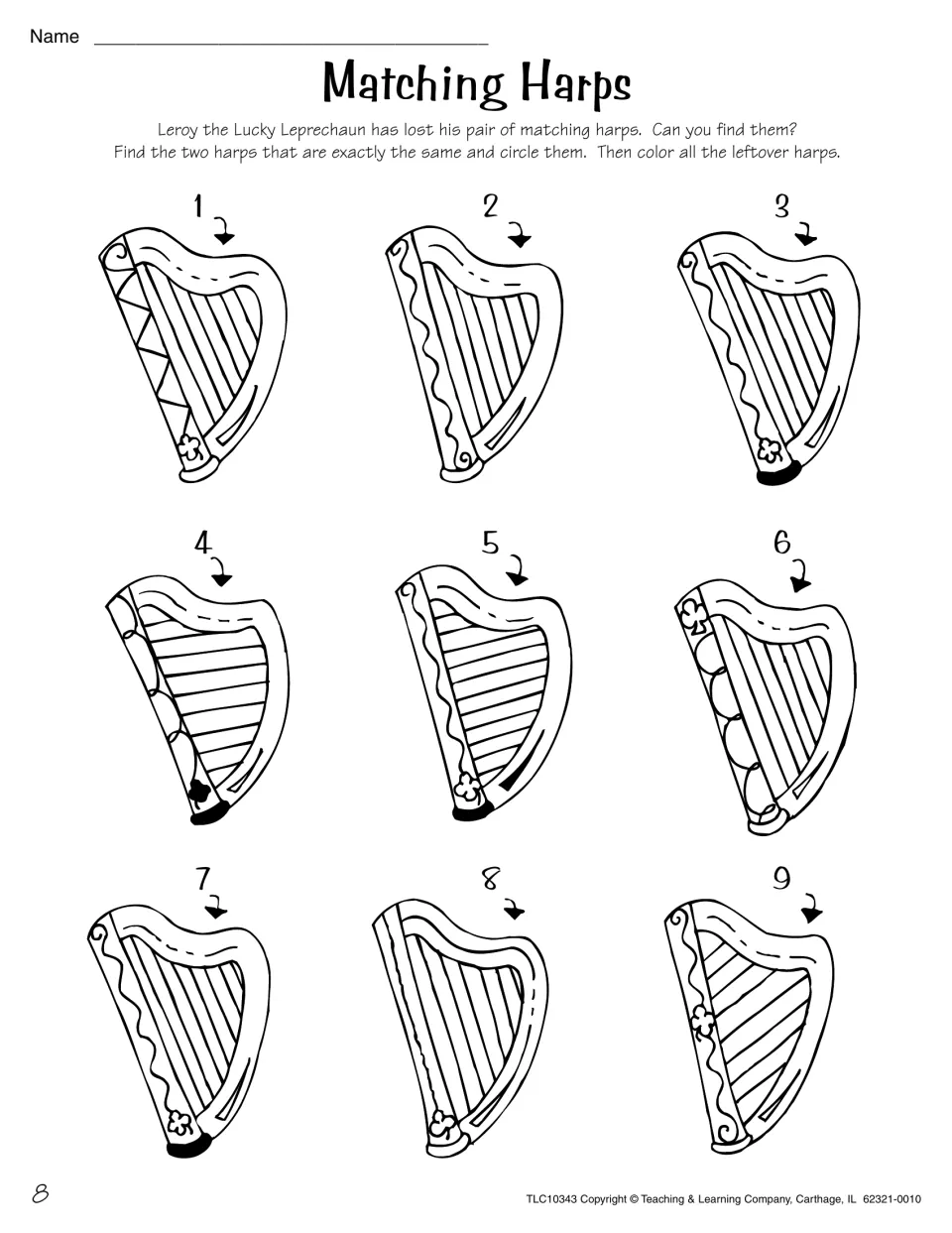 Matching Harps visual discrimination: students find and circle the two identical harps among nine, then color the rest