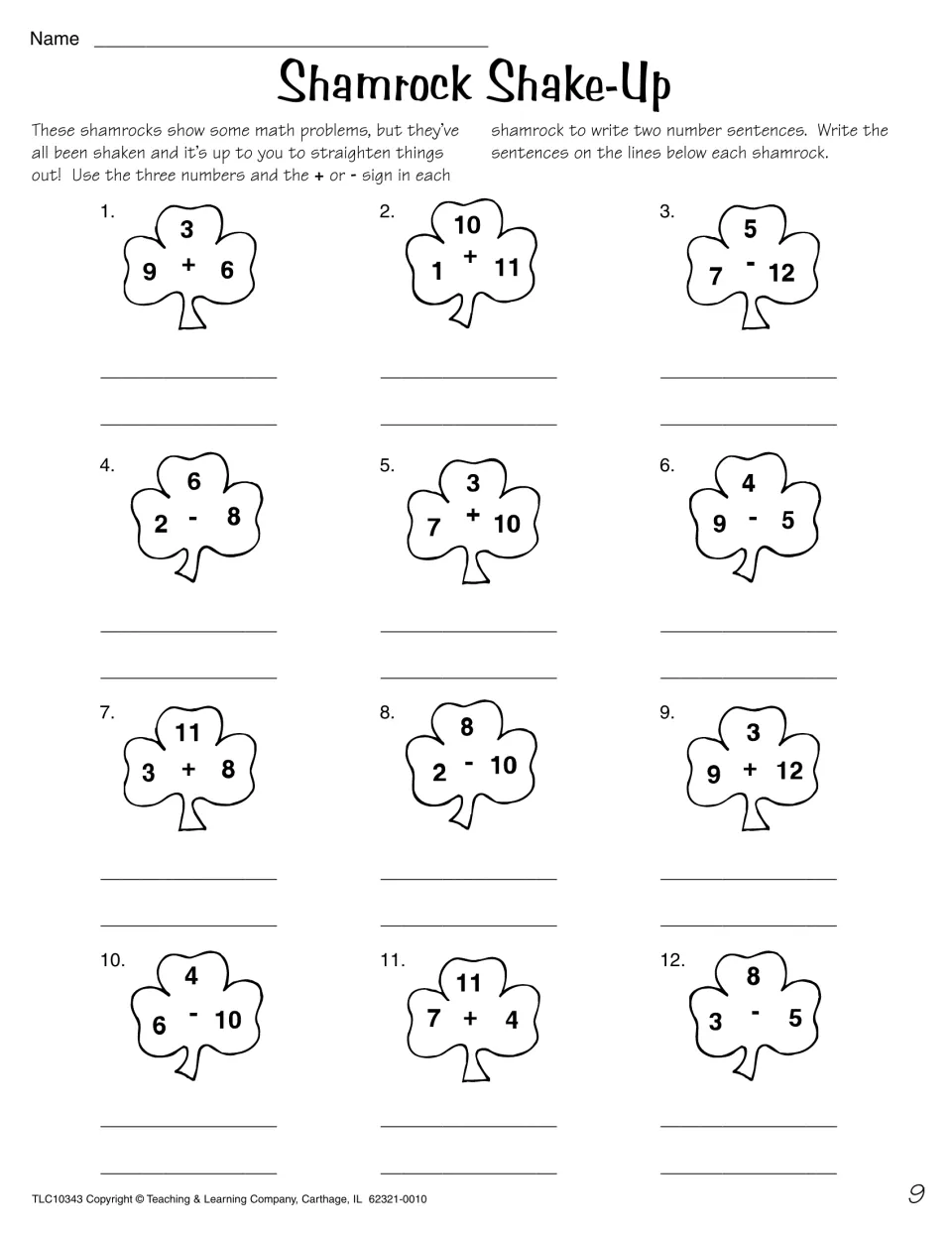 Shamrock Shake-Up fact families: students use three numbers and a + or - sign on 12 shamrocks to write two number sentences