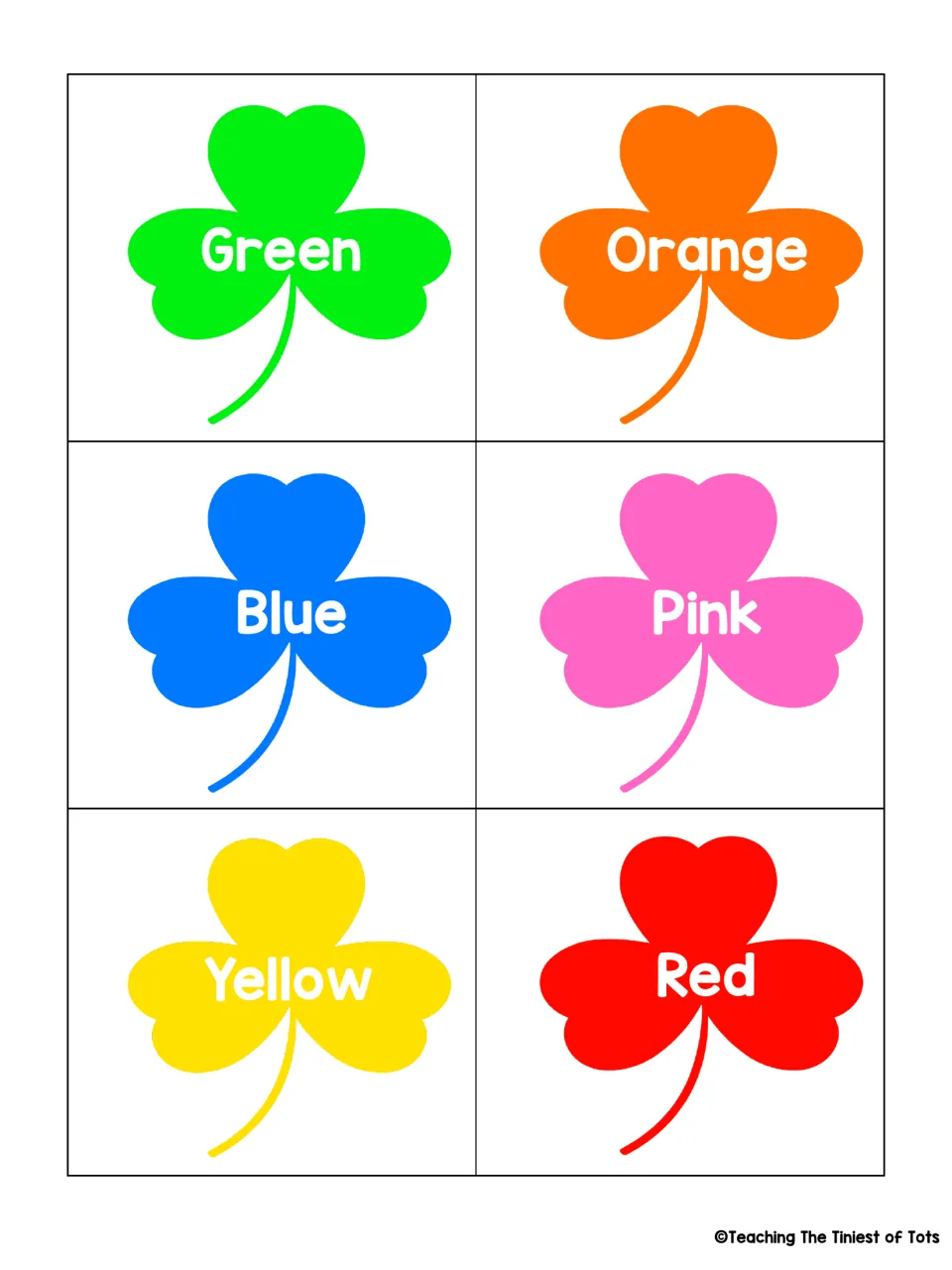 First labeled matching sheet: six shamrock cards showing Green, Orange, Blue, Pink, Yellow, and Red