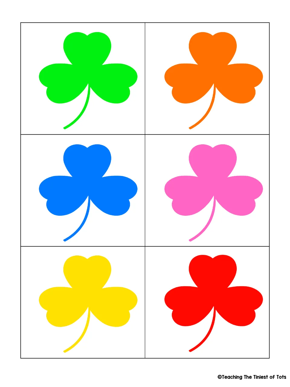 First unlabeled matching sheet: six shamrock cards in green, orange, blue, pink, yellow, and red