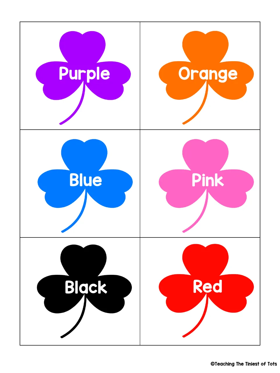 Second labeled matching sheet: six shamrock cards showing Purple, Orange, Blue, Pink, Black, and Red