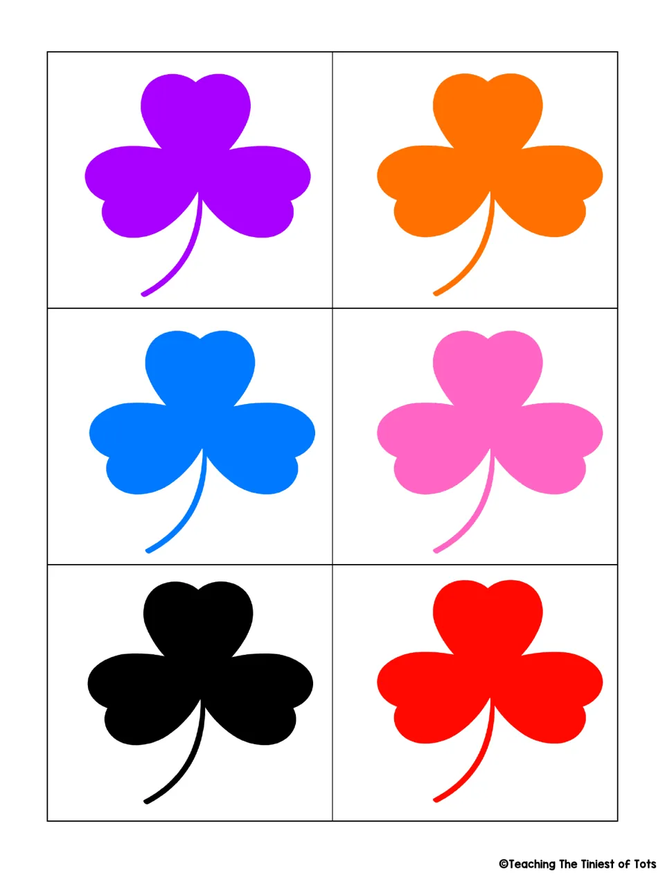 Second unlabeled matching sheet: six shamrock cards in purple, orange, blue, pink, black, and red