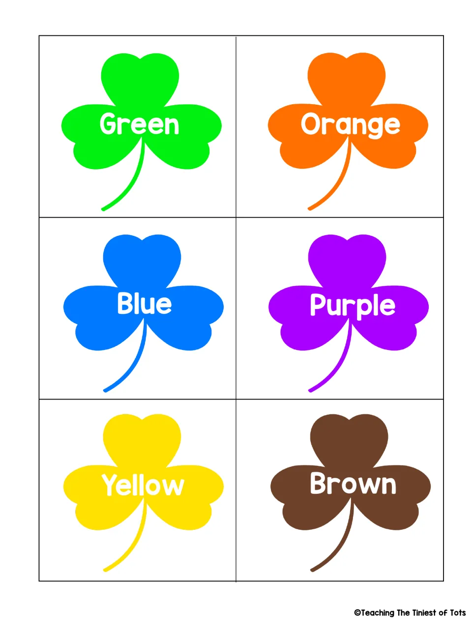 Third labeled matching sheet: six shamrock cards showing Green, Orange, Blue, Purple, Yellow, and Brown