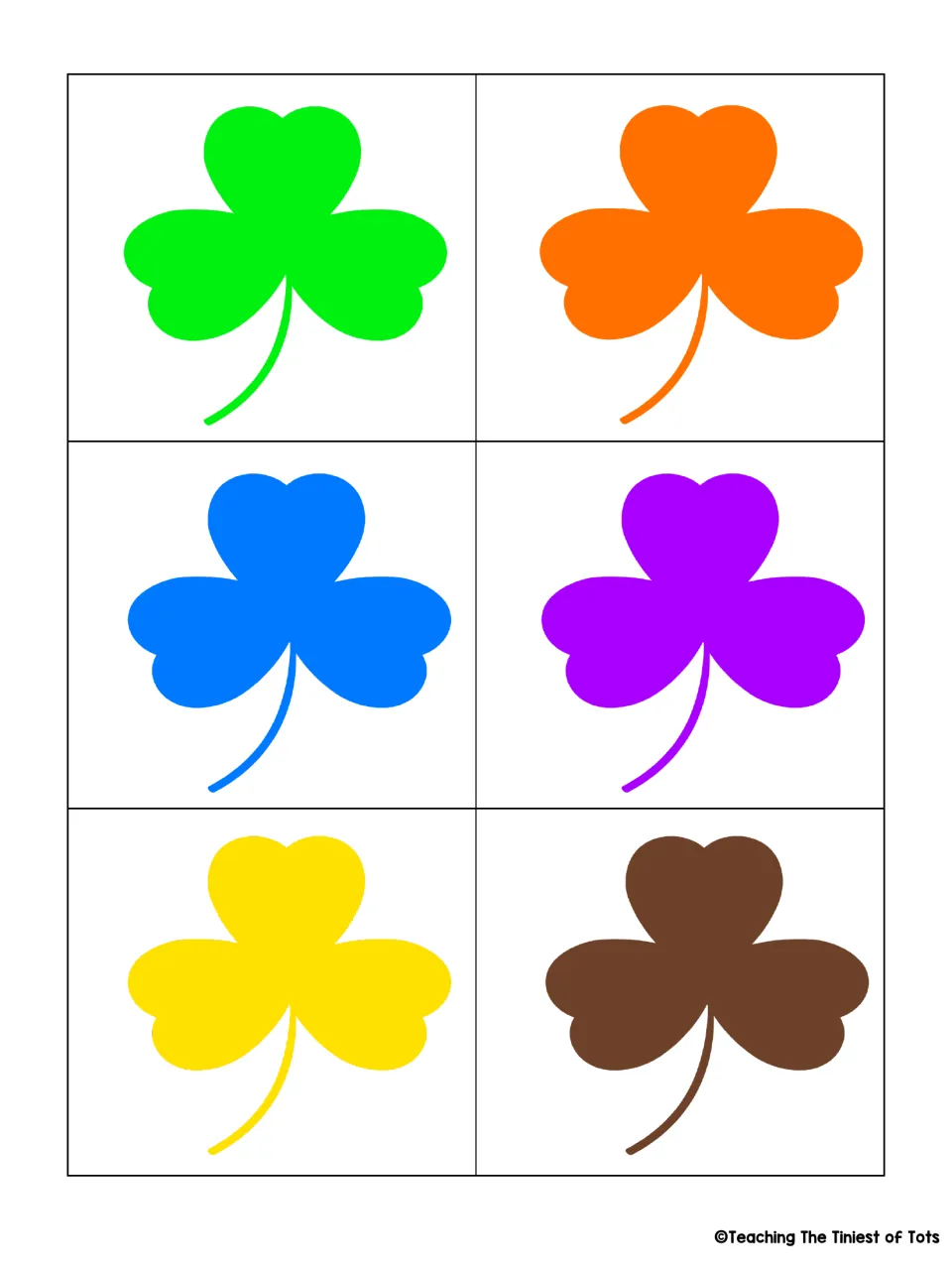 Third unlabeled matching sheet: six shamrock cards in green, orange, blue, purple, yellow, and brown