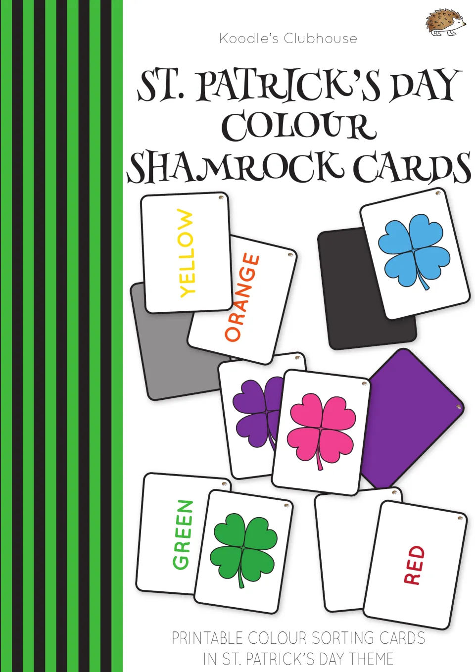 Cover of the shamrock color sorting resource, showing sample shamrock, color name, and solid color cards