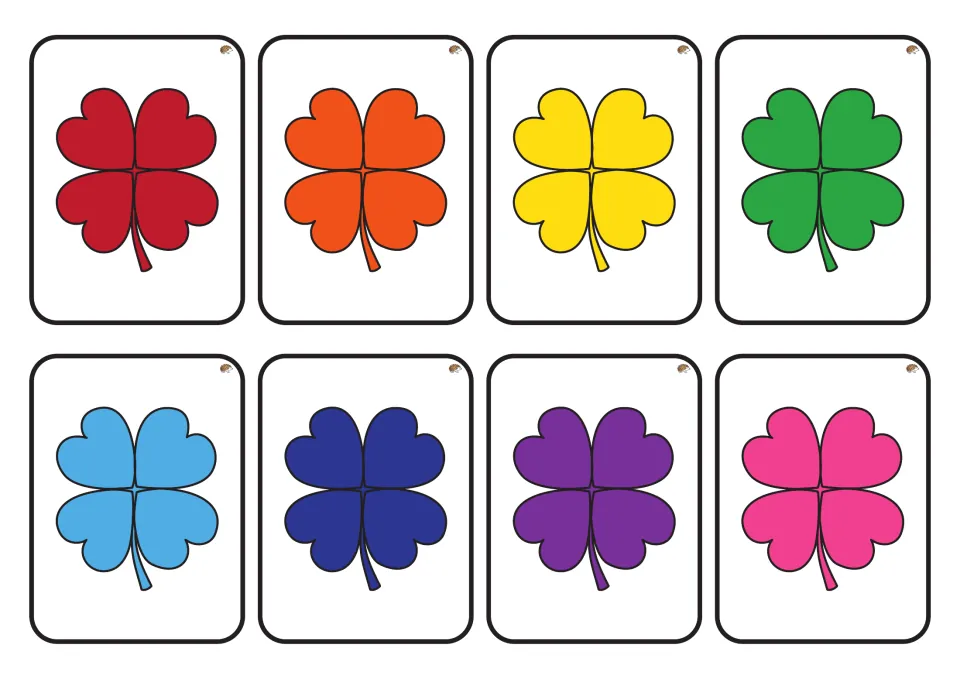 Shamrock cards 1–8 for color matching: red, orange, yellow, green, blue, navy, purple, and pink shamrocks