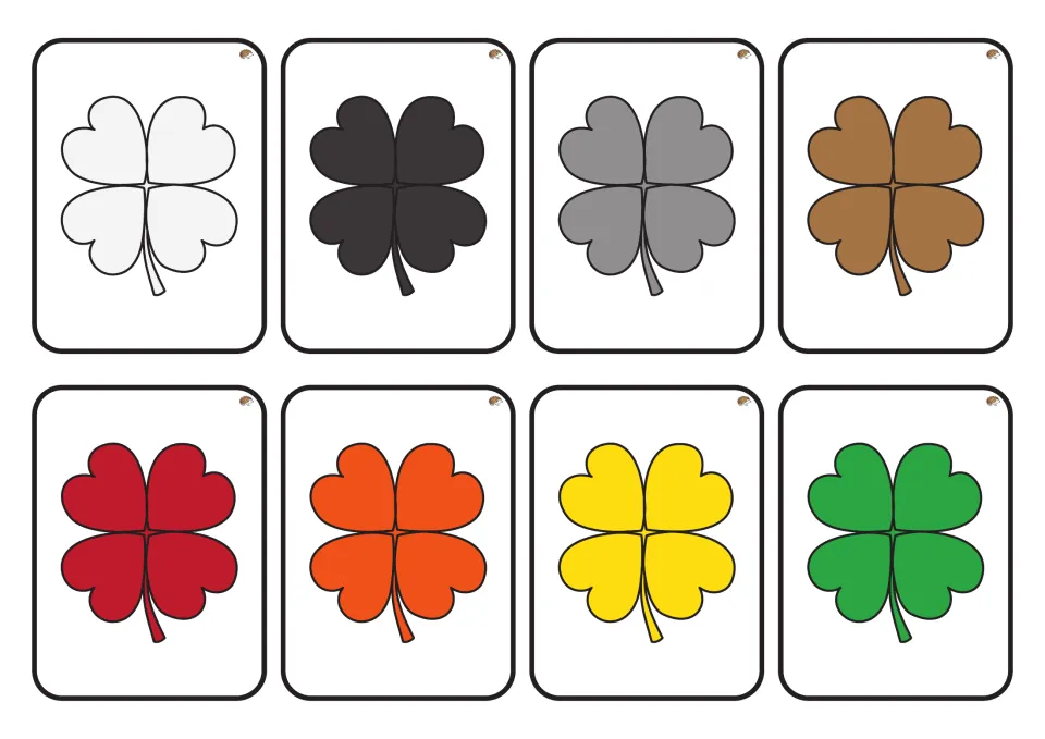 Shamrock cards 9–16 for color matching: white, black, gray, brown, red, orange, yellow, and green shamrocks