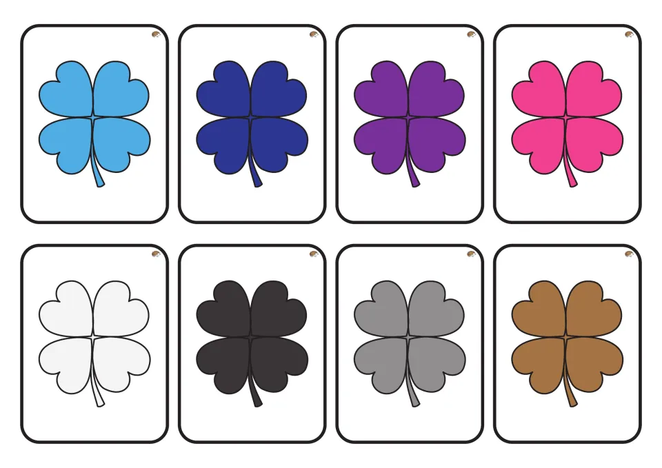 Shamrock cards 17–24 for color matching: blue, navy, purple, pink, white, black, gray, and brown shamrocks