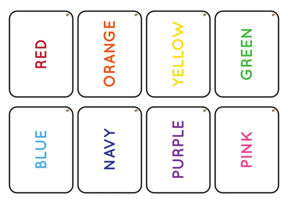 Color name cards 1–8 for shamrock matching: red, orange, yellow, green, blue, navy, purple, and pink