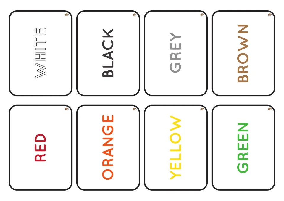 Color name cards 9–16 for shamrock matching: white, black, gray, brown, red, orange, yellow, and green