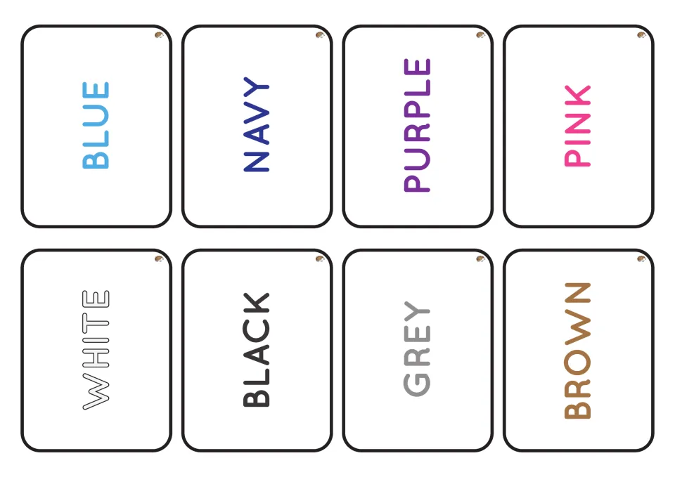 Color name cards 17–24 for shamrock matching: blue, navy, purple, pink, white, black, gray, and brown