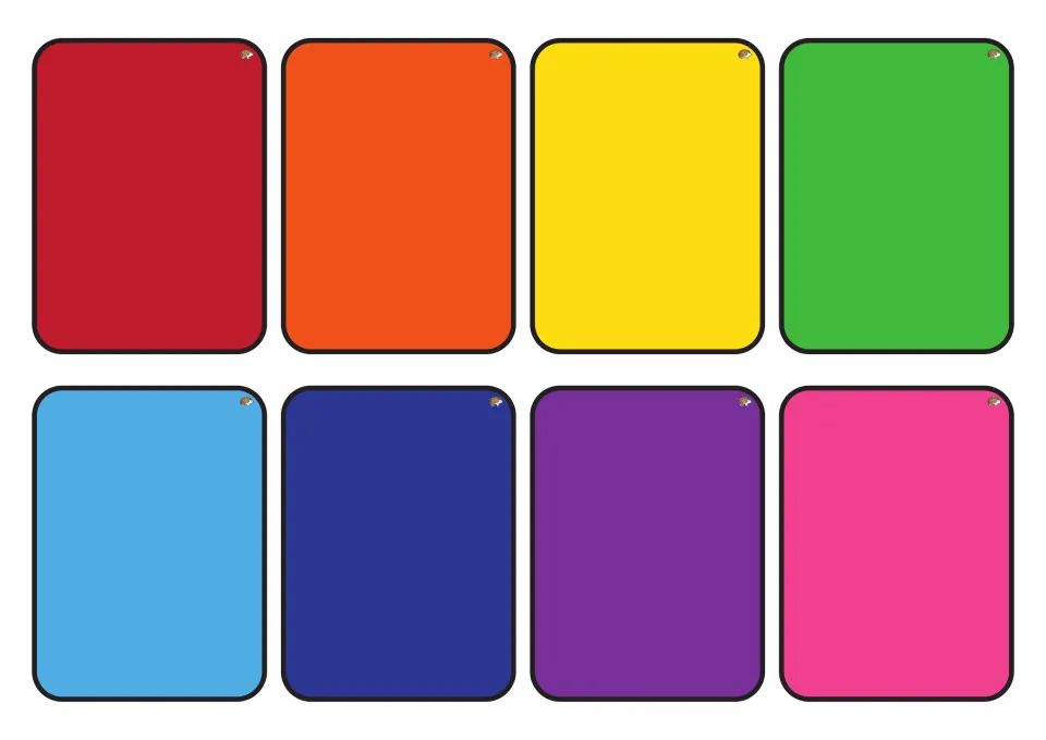 Solid color cards 1–8 for shamrock matching: red, orange, yellow, green, blue, navy, purple, and pink