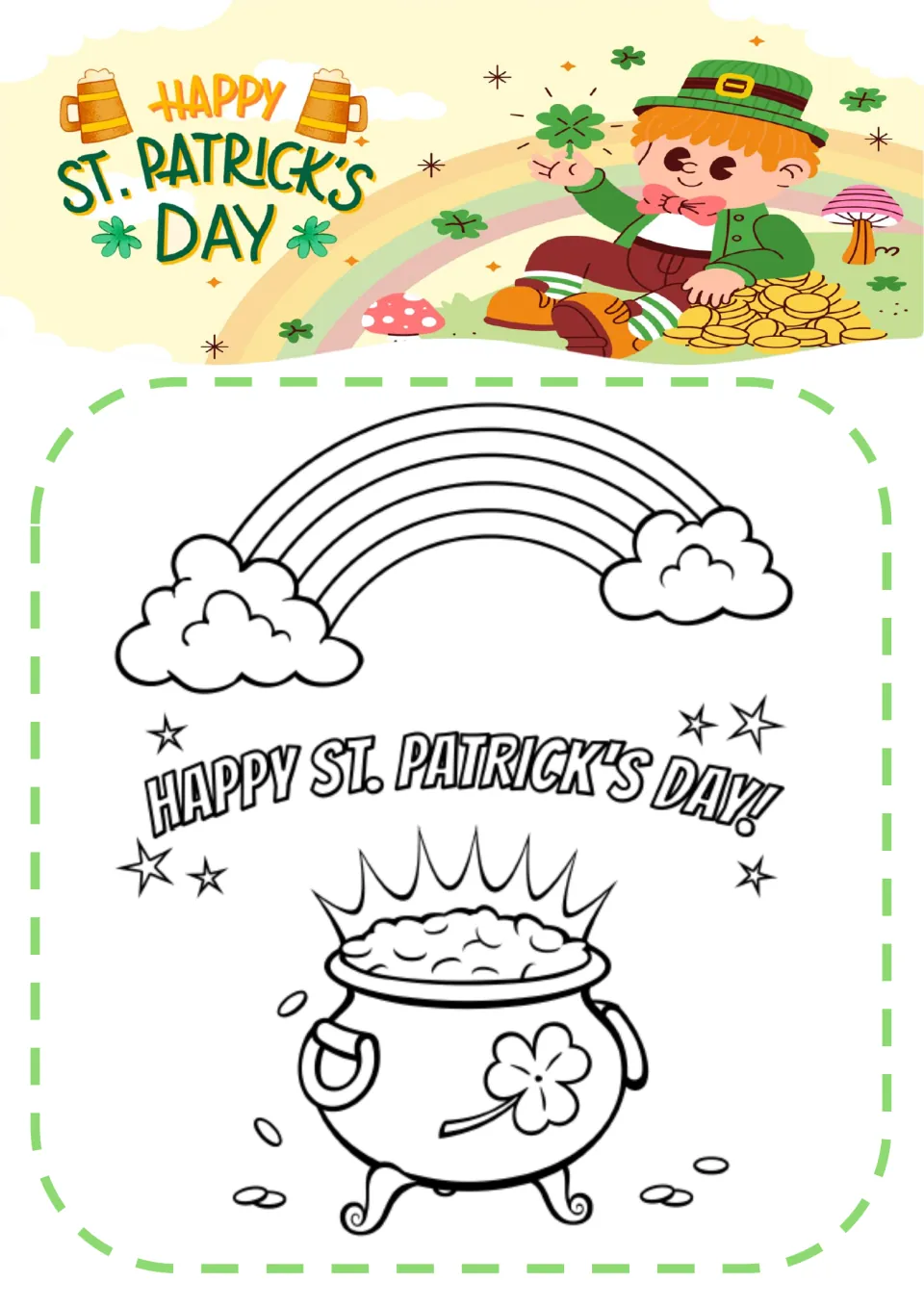 St. Patrick's Day coloring page: students color a rainbow with clouds over a pot of gold with a shamrock and stars