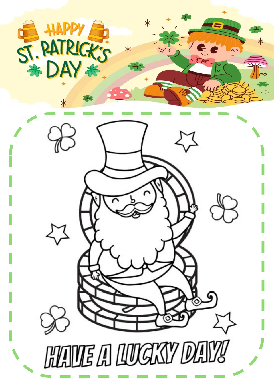 Leprechaun coloring page: students color a bearded leprechaun in a top hat sitting on gold coins, with shamrocks and stars