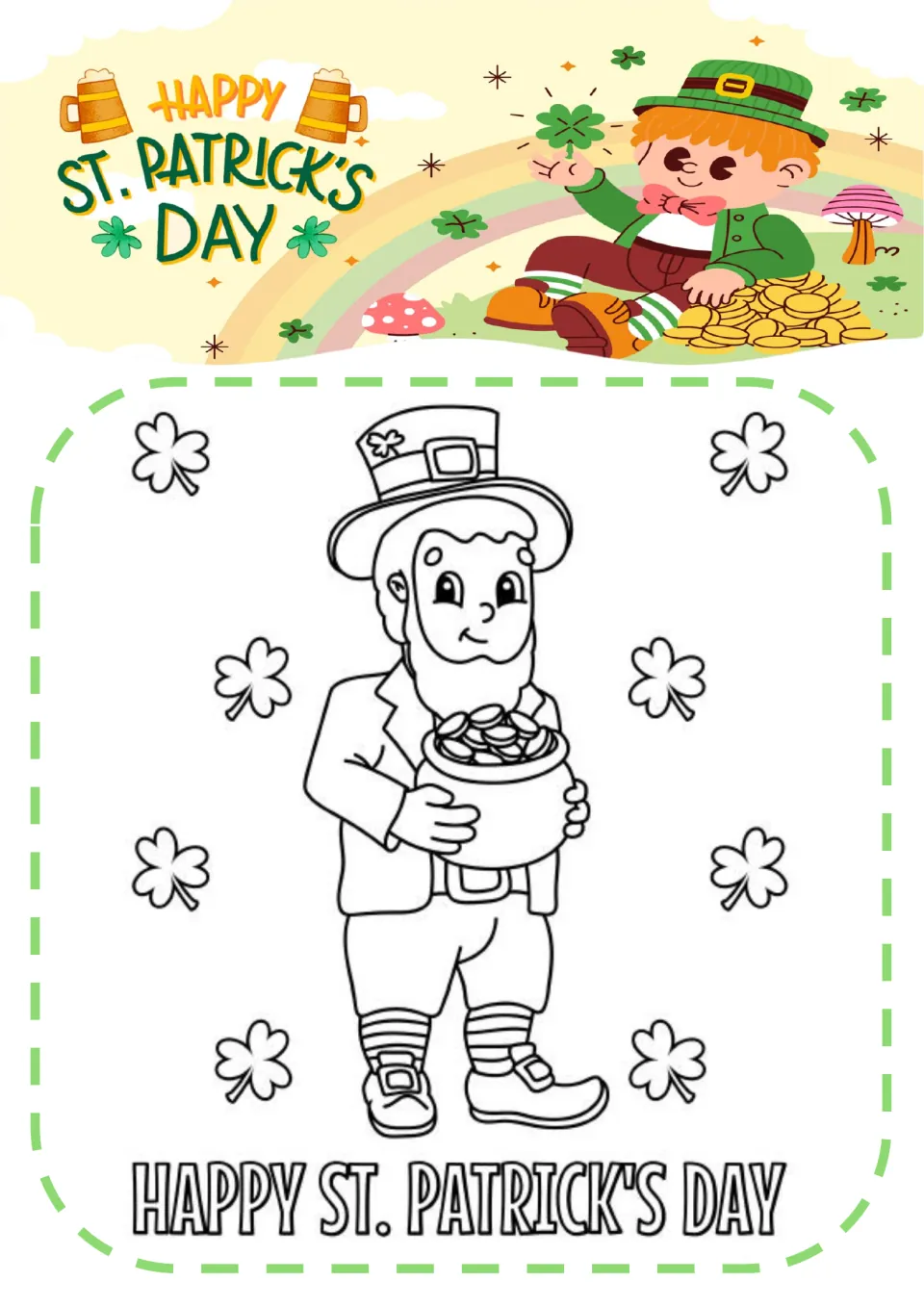 Leprechaun coloring page: students color a smiling leprechaun holding a pot of gold, surrounded by shamrocks