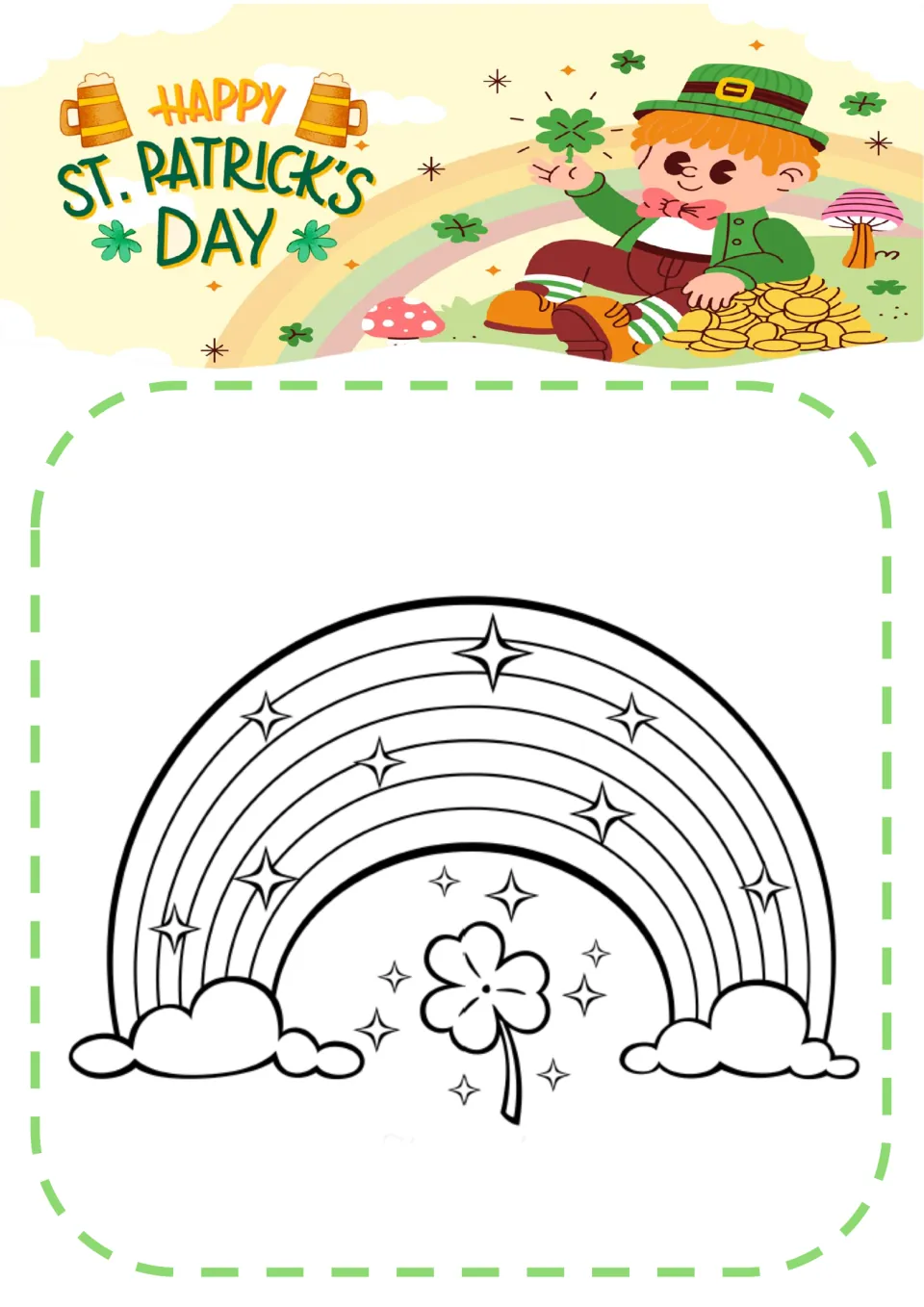 Rainbow coloring page: students color a starry rainbow arching between two clouds over a single shamrock