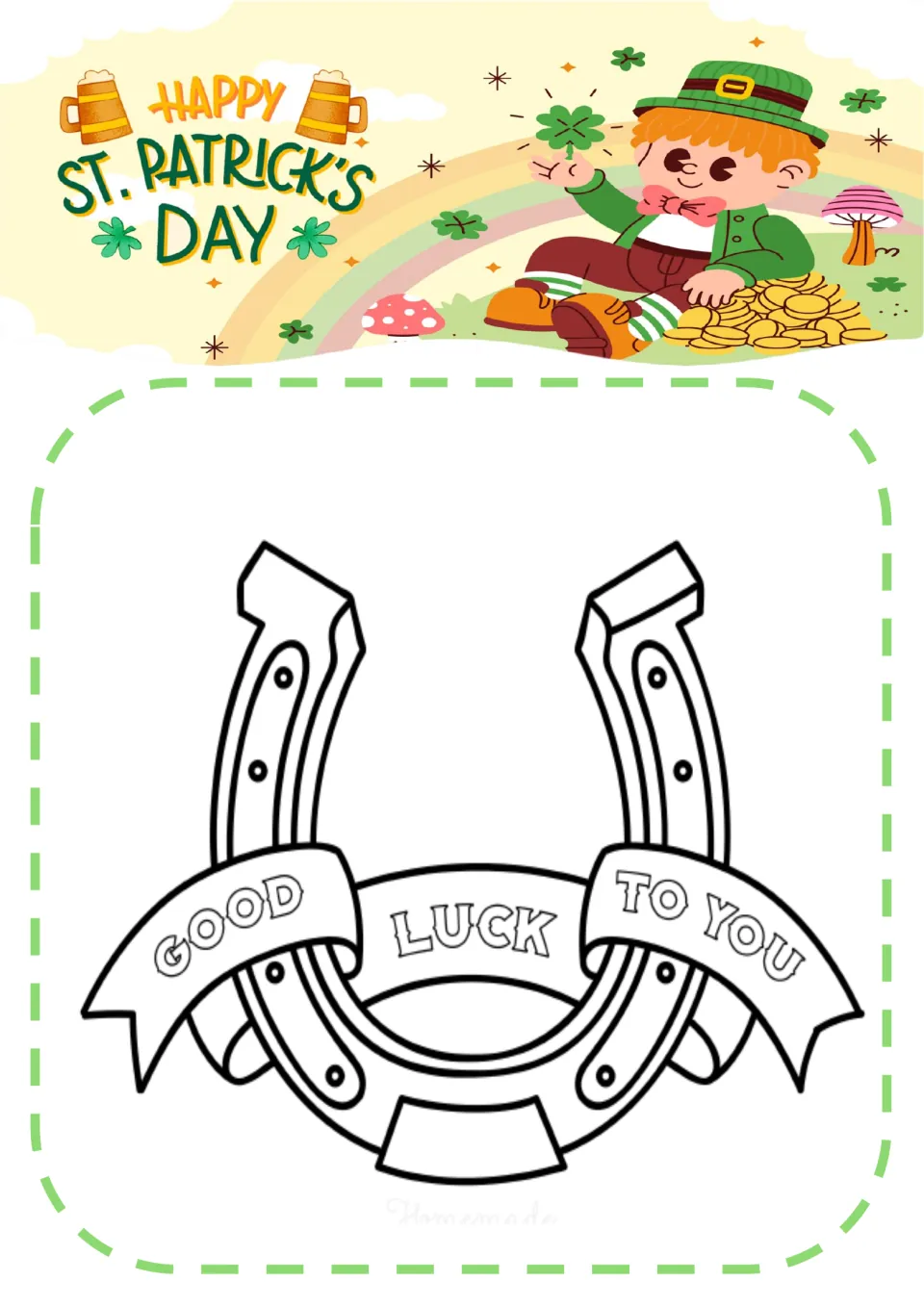 Lucky horseshoe coloring page: students color a horseshoe wrapped in a ribbon banner reading Good Luck To You