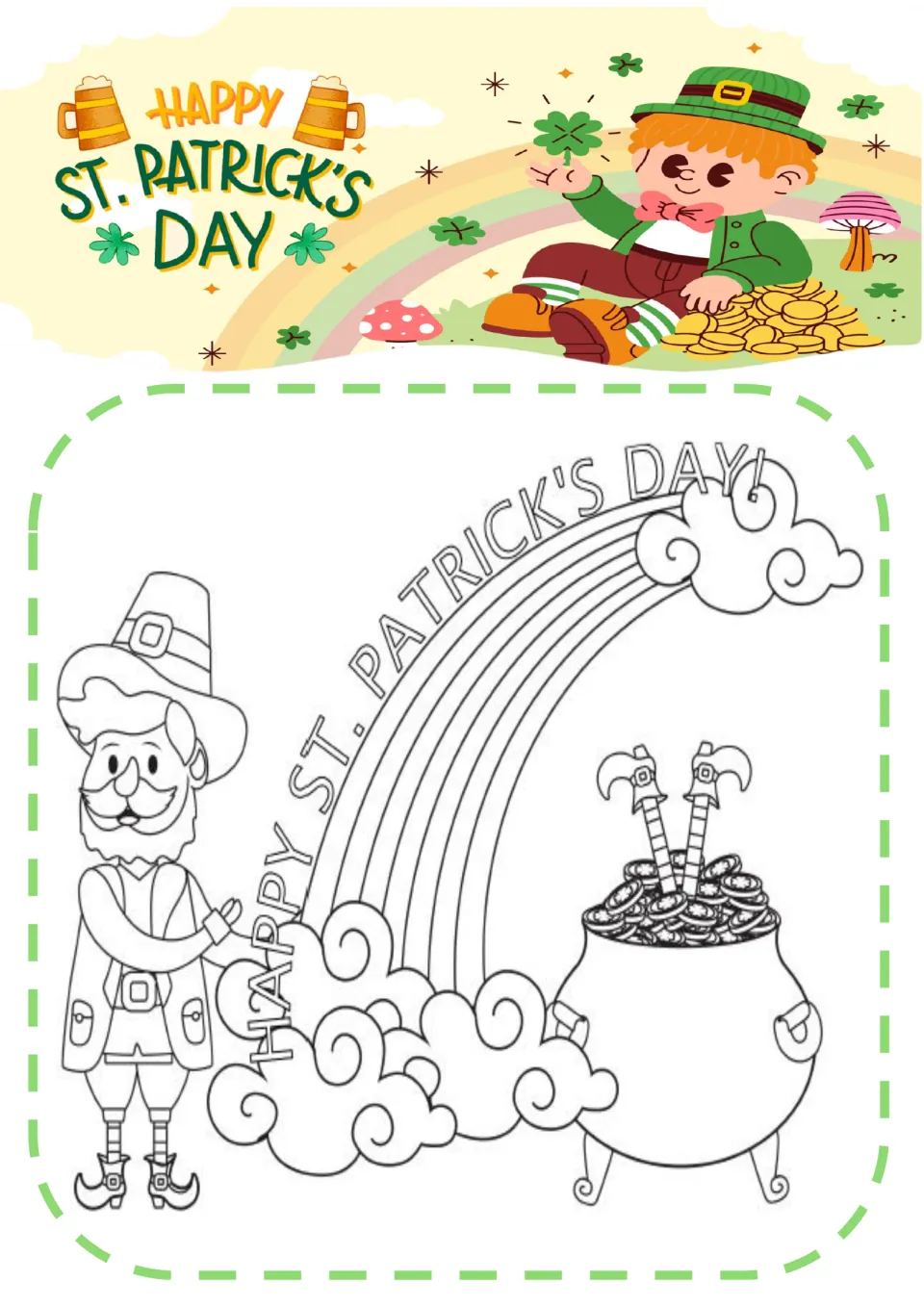 Rainbow scene coloring page: students color a leprechaun, swirly clouds and legs sticking out of a pot of gold coins