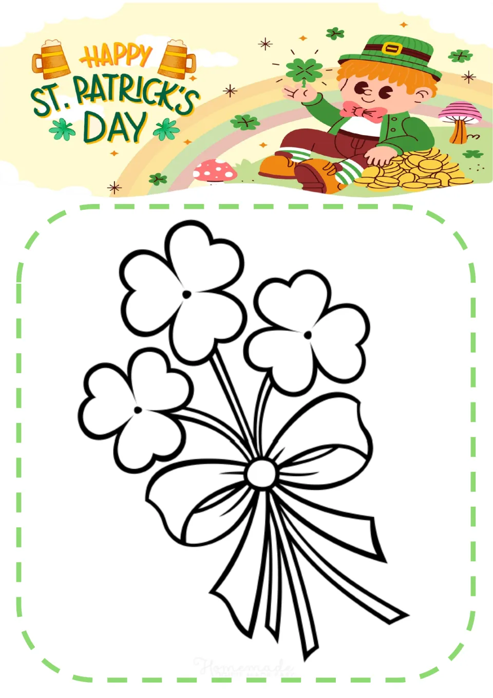Shamrock bouquet coloring page: students color three three-leaf shamrocks tied together with a large bow