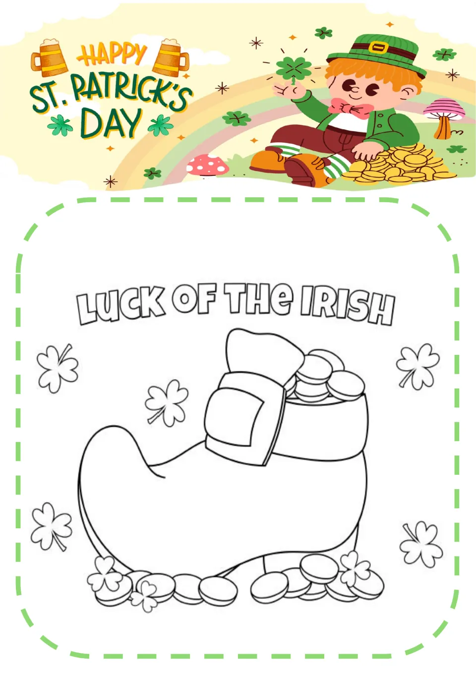 Luck of the Irish coloring page: students color a leprechaun boot filled with gold coins, with shamrocks around it