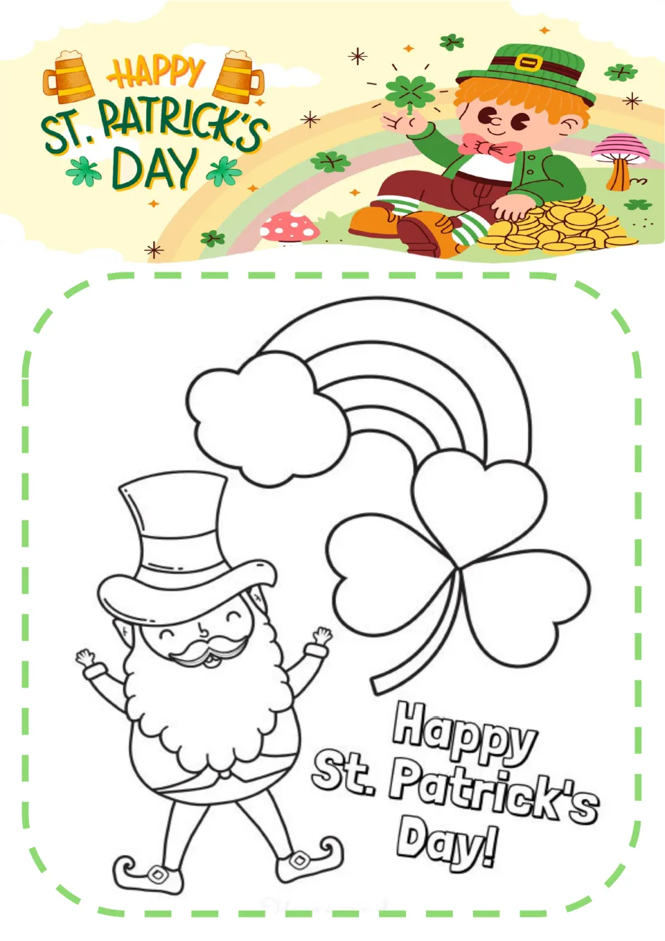 Leprechaun and shamrock coloring page: students color a dancing leprechaun, a rainbow, a shamrock and holiday lettering