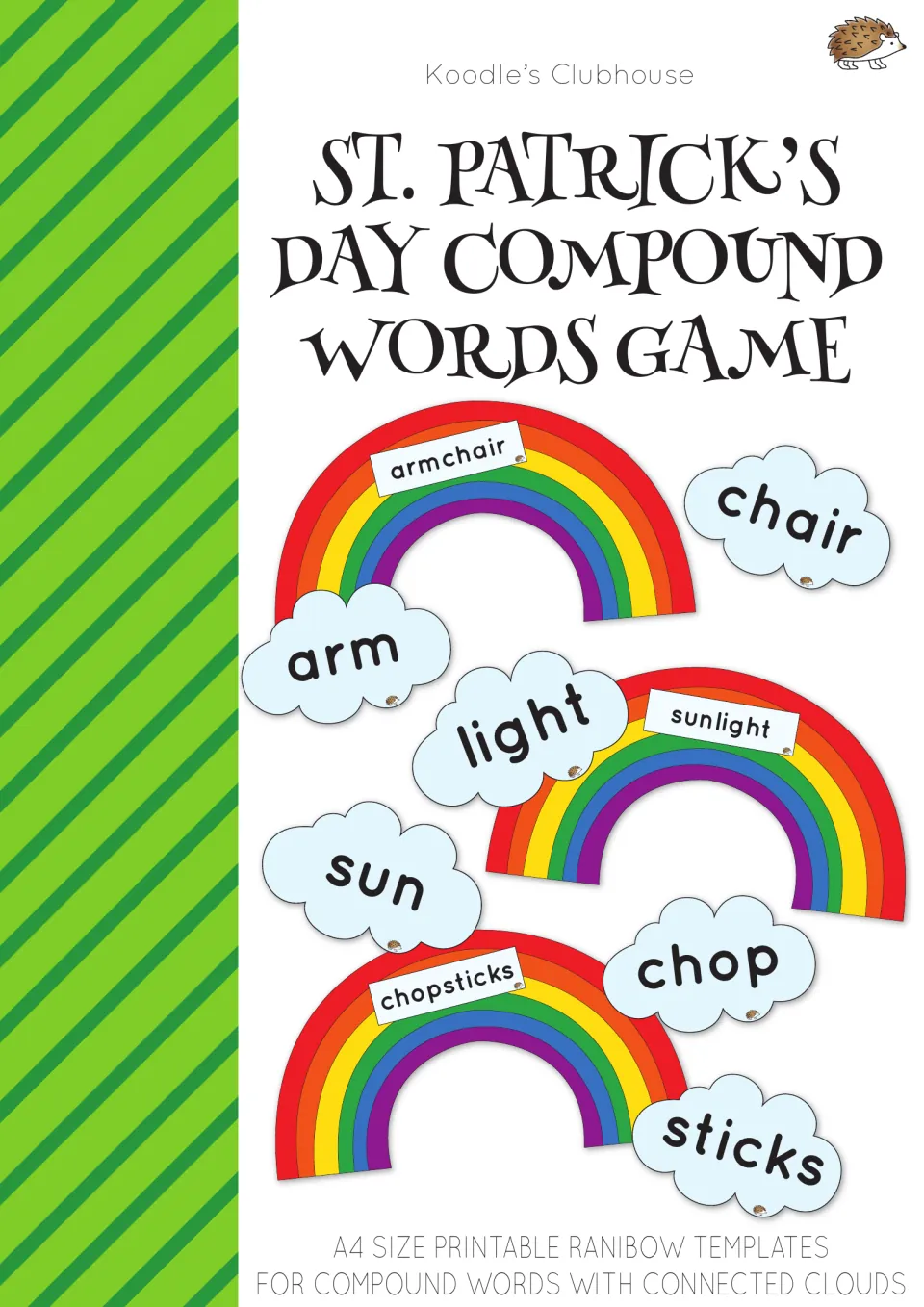 St. Patrick's Day compound words game cover: rainbows for armchair, sunlight and chopsticks with matching word-part clouds