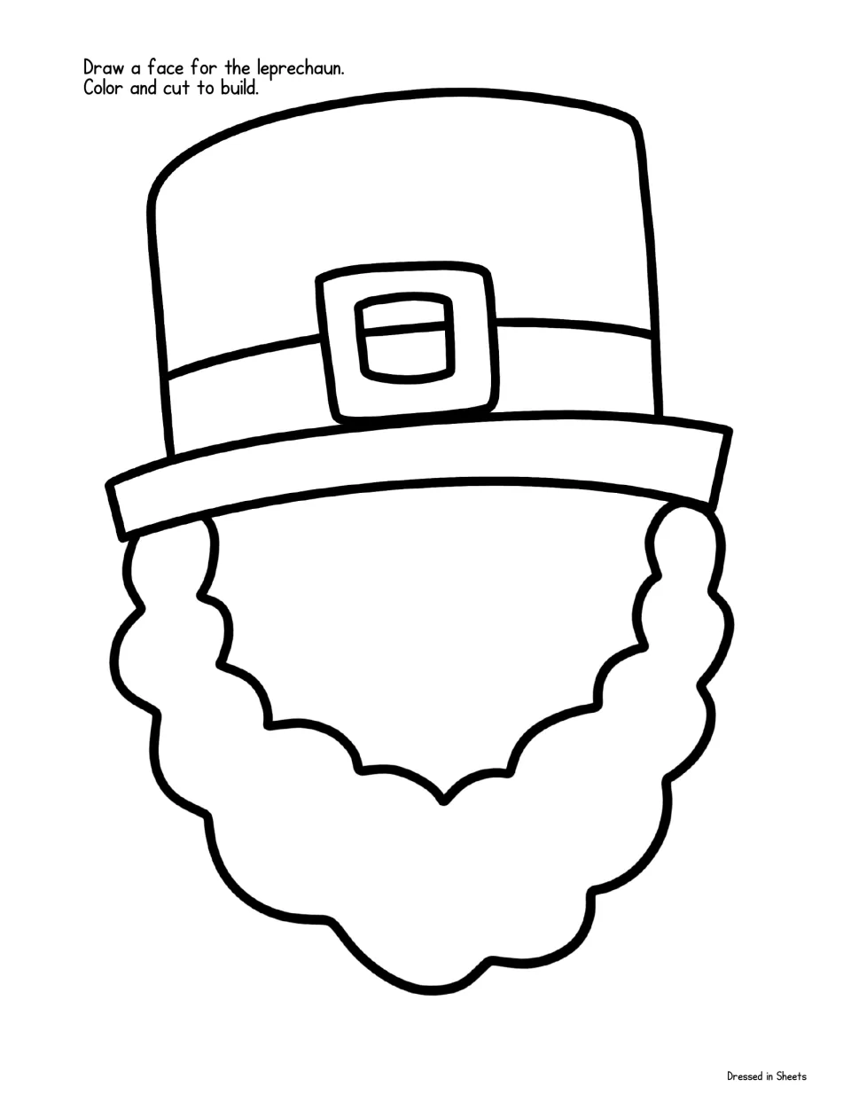 Leprechaun head cut-out piece with buckled hat and curly beard; students draw their own face, then color and cut it out