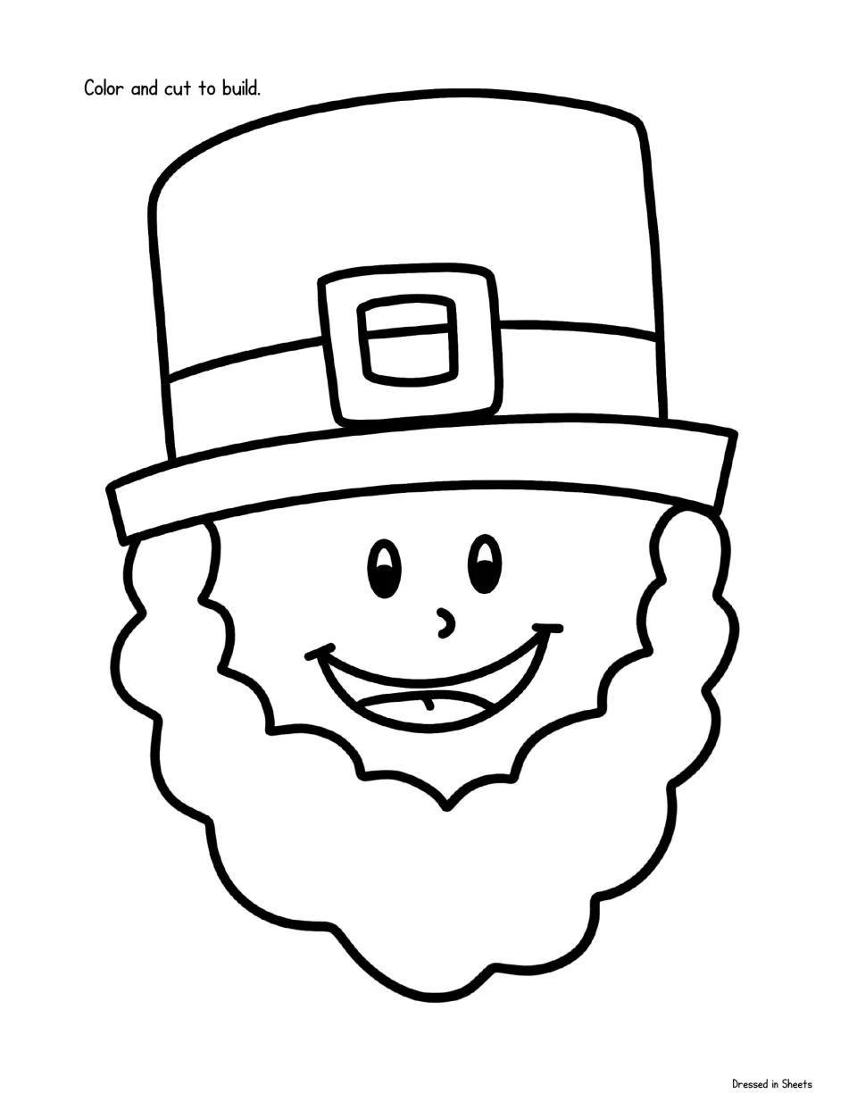 Leprechaun head cut-out piece with a smiling face already drawn under the buckled hat and curly beard to color and cut