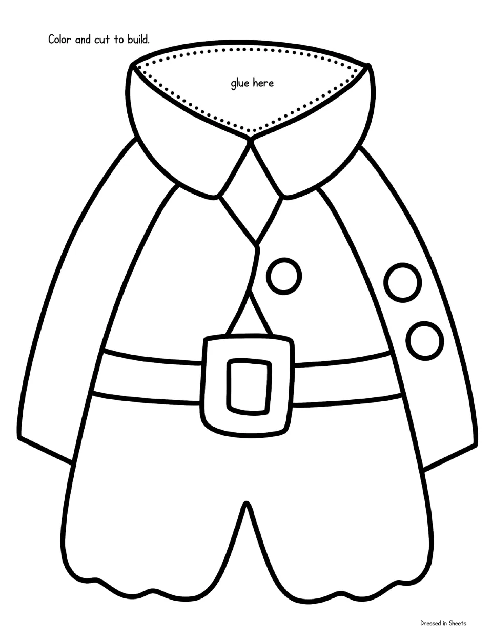 Leprechaun body cut-out piece: jacket with buttons, belt buckle and shorts, plus a glue tab at the collar for the head