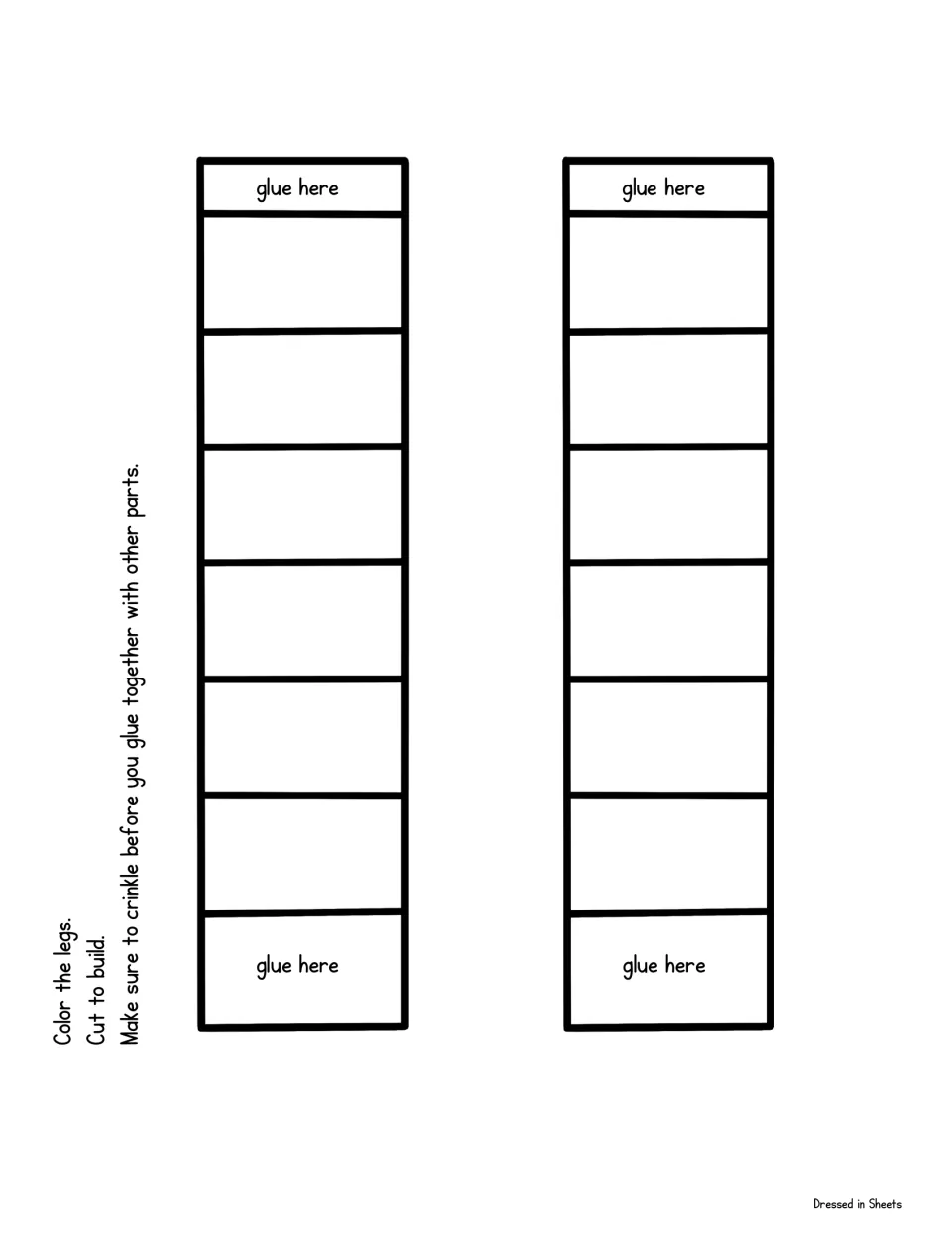 Two striped leprechaun leg strips with glue tabs at both ends; students color, cut and crinkle them before joining parts
